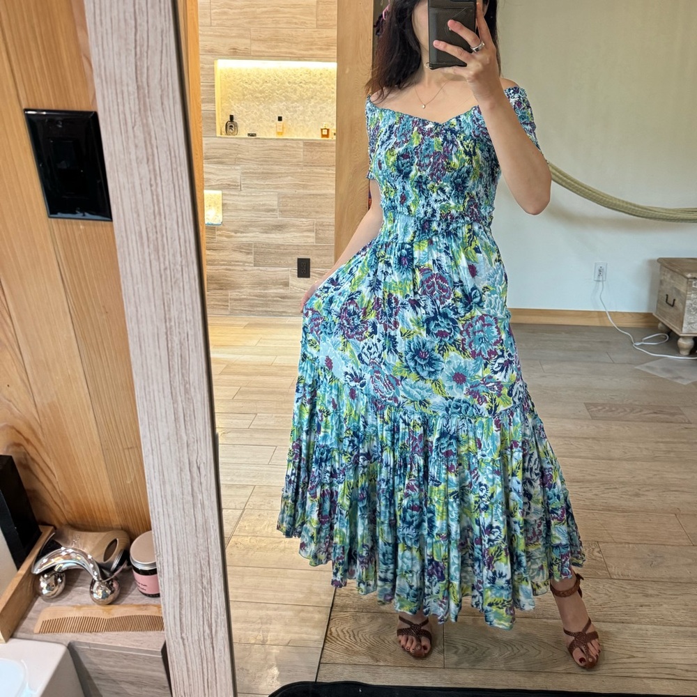 Poupette St Barth Blue and Green Floral Maxi Dress